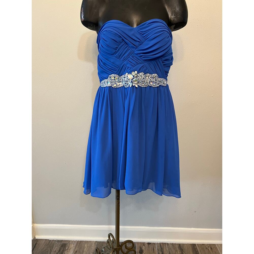 City Studio formal dress knee length‎ blue strapless rhinestone crisscross sz 9